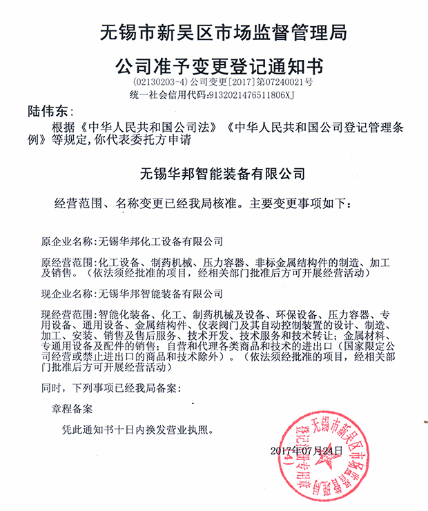 無(wú)錫華邦化工設(shè)備有限公司變更通知！